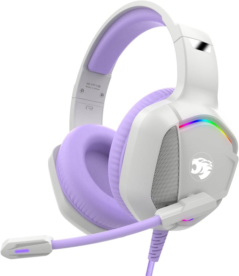 IMYB Gaming Headset with Microphone for Pc, Xbox One Series X/s, Ps4, Ps5, Switch, Stereo Wired Noise Cancelling Over-Ear Headphones with Mic, RGB, for Computer, Laptop, Mac, Nintendo (White Purple) - Image 1